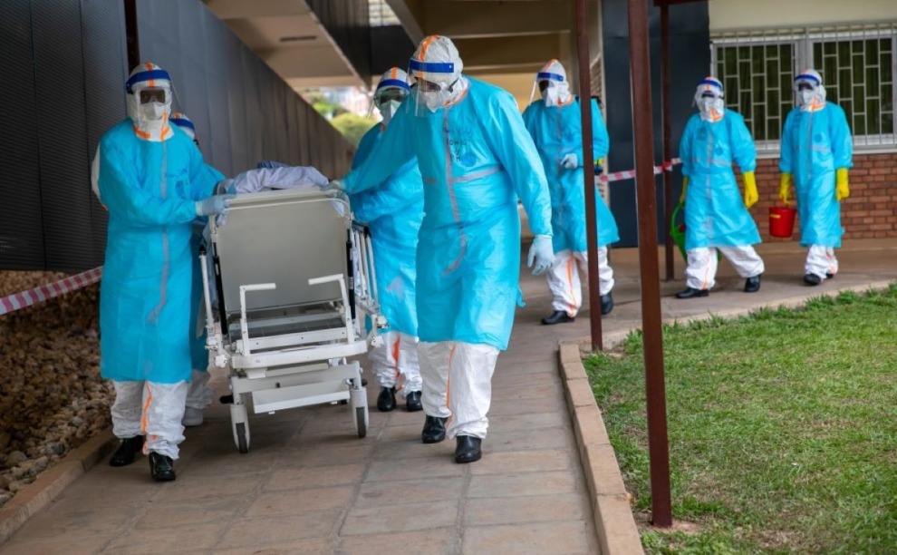 Health workers at King Faisal Hospital Rwanda conduct an epidemic preparedness drill in October 2022.